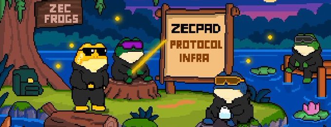 Pixel art scene featuring frog characters in tactical gear, with text reading 'ZEC FROGS' on a tree sign and 'ZECPAD PROTOCOL INFRA' on a wooden board by a lake at night.