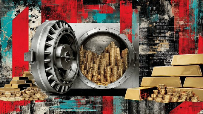 The image features a large metal safe with gold bars inside of it, which is placed against a colorful abstract background. The text "The decision of @tether to discontinue Alloy (aUSDT)" is written above the safe, indicating that the safe contains gold bars and is related to the cryptocurrency market. This suggests that the image might be discussing the stability and suitability of different stablecoins for various purposes in the financial world.