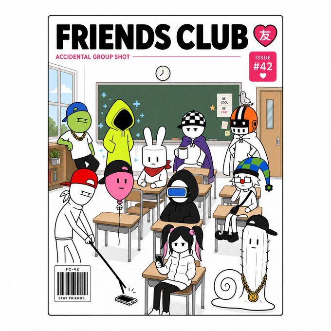 An illustrated magazine cover titled 'FRIENDS CLUB' subtitled 'ACCIDENTAL GROUP SHOT' (Issue #42) featuring various whimsical cartoon characters in a classroom setting, with a barcode reading 'FC-42' and 'STAY FRIENDS.'