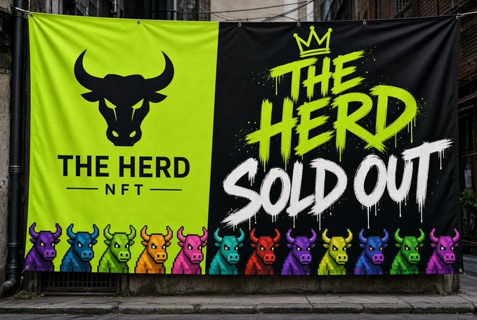 A large billboard-style banner displays "THE HERD NFT" alongside a black bull logo, with a graffiti-style "THE HERD SOLD OUT" message and a row of colorful pixel-art bulls, announcing the completion of the NFT collection mint.