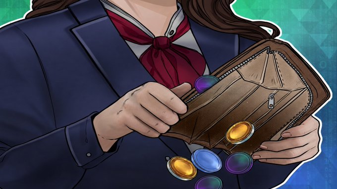 An anime-style illustration of a character in a navy blazer and red bow tie holding open a brown leather wallet with colorful gold and jeweled coins spilling out.