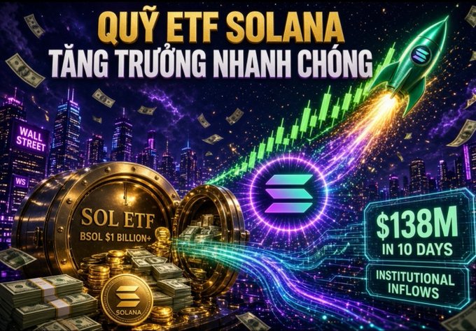 A promotional graphic in Vietnamese about 'QUỸ ETF SOLANA TĂNG TRƯỞNG NHANH CHÓNG' highlighting a Solana ETF with 'BSOL $1 BILLION+', '$138M IN 10 DAYS,' and 'INSTITUTIONAL INFLOWS,' featuring a rocket, cityscape, and gold coins.