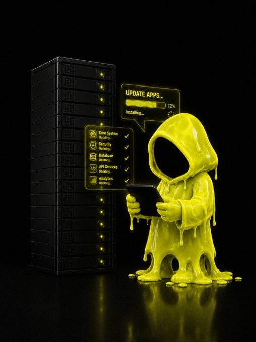 A 3D render shows a yellow, glossy, hooded figure holding a tablet, with floating digital interface text indicating an "UPDATE APPS..." progress bar at 72% and listing items like "Core System", "Security", "Database", "API Services", and "Analytics".