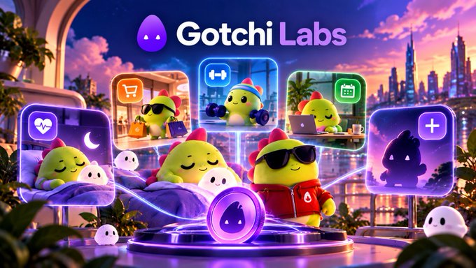 Promotional banner for 'Gotchi Labs' featuring cute green egg-shaped characters in various lifestyle scenes including shopping, working out, and sleeping, set against a futuristic cityscape.