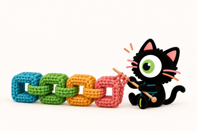 A 3D rendered illustration of a cute black cartoon cat with one large green eye and pink ears, knitting a colorful chain of blue, green, orange, and pink crocheted square blocks on a white background.