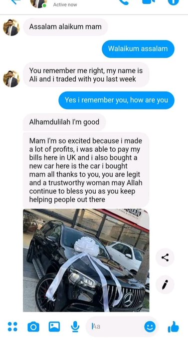 A chat screenshot showing a conversation where someone named Ali thanks a woman for trading profits and shares a photo of a new black Mercedes with a white bow.