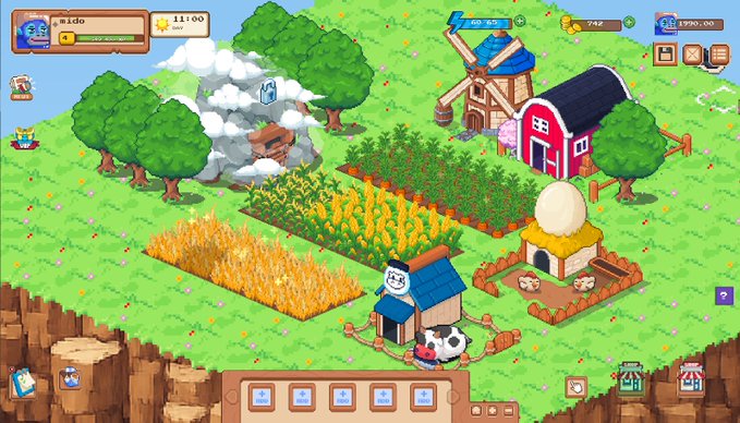 A screenshot from a pixel-art farming game showing a farm with wheat fields, a windmill, a barn, and a chicken coop, with a small dog character and a soccer ball in the center.