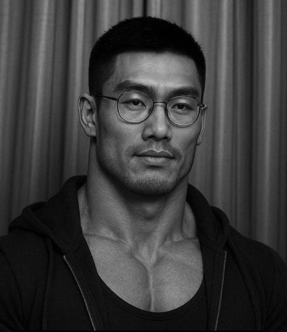 A black and white portrait shows an Asian man with short hair and round glasses, wearing a dark hoodie, posing against a curtain backdrop with a neutral expression.

The image appears to relate to the post by likely depicting the "Swiss autist" referenced—an individual who uncovered Kalshi's fake trading volumes through analytical threads.
