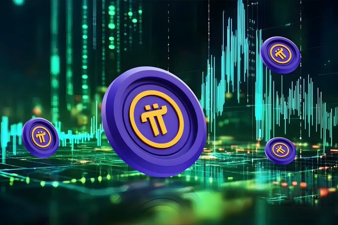 Purple Pi Network (π) cryptocurrency tokens float against a backdrop of glowing green candlestick charts and digital code streams, visually representing the cryptocurrency's price volatility amid ongoing regulatory scrutiny. The image symbolizes Pi Network's position in the broader crypto market, highlighting its compliance origins while facing the same legislative challenges affecting digital currencies globally.