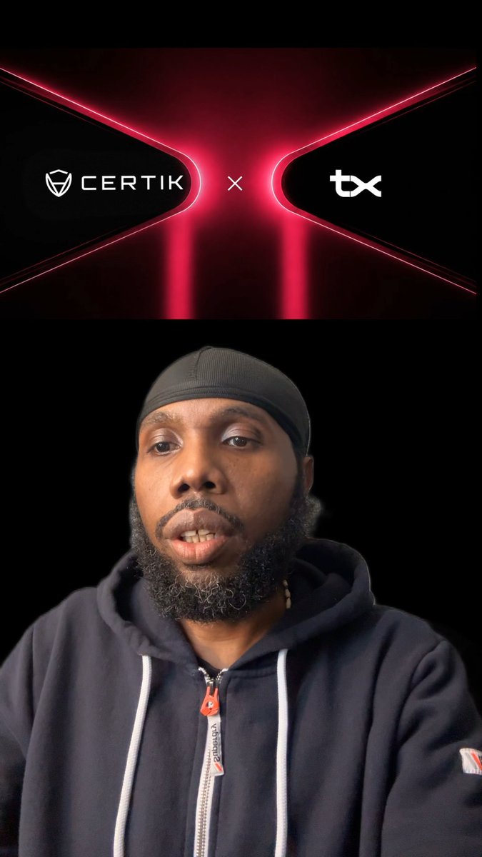 A split image with the top showing logos 'CERTIK' and 'tx', and the bottom showing a man with a beard wearing a dark hoodie and durag.