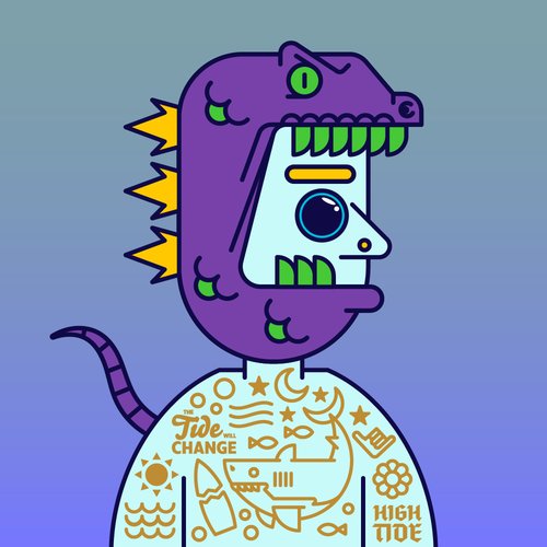 The image features an illustration of a person wearing a purple dinosaur headpiece, with tattoos on their body that include a surfboard design. The tattooed individual appears to be wearing a shirt with the text "Ethereum-native communities are increasingly exploring creator distribution through ApeChain ecosystems". The post is about Ethereum native communities and how they are exploring creator distribution through ApeChain ecosystems.