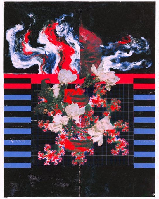 An abstract collage artwork featuring faces blended with red, white, and blue floral and grid patterns against a dark background.