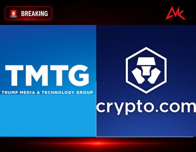 A breaking news graphic featuring the Trump Media & Technology Group (TMTG) logo alongside the Crypto.com logo on a dark background.