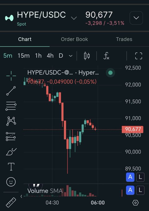 A trading chart for HYPE/USDC showing a current price of 90,677, down 3.51% over 24 hours, with red and green candlesticks and volume bars on a 5-minute interval.