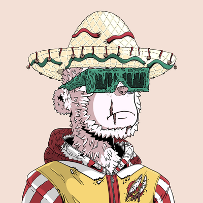 An illustration of a character wearing a straw hat with red and green trim, green visor glasses, and a yellow vest with red and white checkered sleeves.