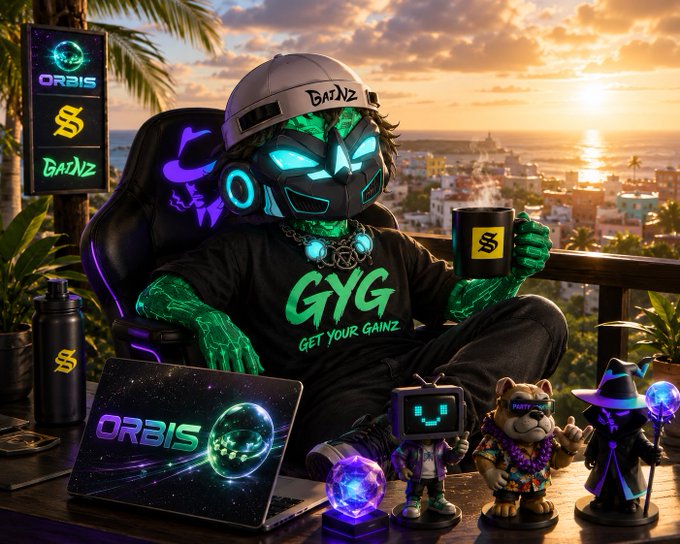 A digital illustration of a character wearing a 'BAINZ' cap and mask, wearing a 'GYG GET YOUR GAINZ' t-shirt, holding a cup and surrounded by 'ORBIS' and 'GAINZ' branded items with a sunset city view in the background.