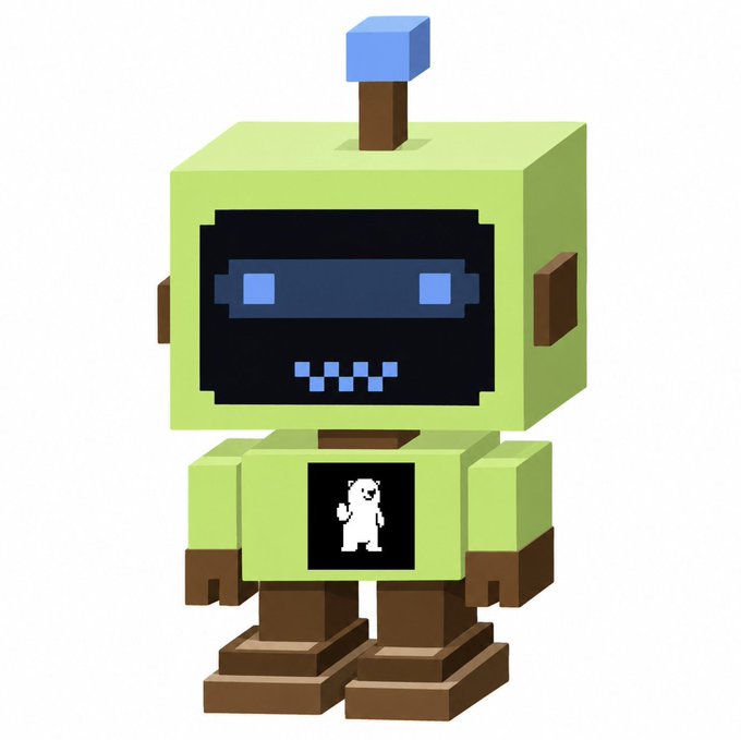 A 3D render of a blocky, green toy-like robot with a digital face, blue pixelated smile, antenna, and a small white bear figure displayed on its chest.