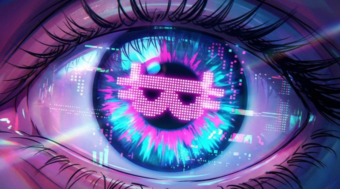 The image features a close-up of an eye with a large, colorful digital display or neon sign behind it. This display includes a Bitcoin symbol within a pink circle surrounded by blue lines. The background appears to be a gradient of purple and blue colors, which could represent a futuristic cityscape. The post on the image reads "GM Legends! Big plays, bigger rewards today."
