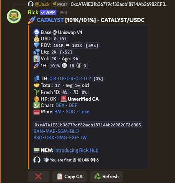 A meme graphic titled "Rick PAST" displaying cryptocurrency token information for CATALYST [10K/101K] - CATALYST/USDC with details including Uniswap V4 base and various risk metrics.
