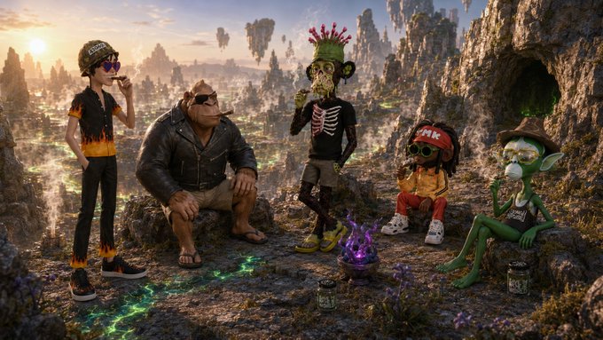 A vibrant digital illustration of five cartoonish characters—a human in flame-patterned shirt, a bear in a leather jacket, a zombie in a skeleton shirt, a small figure in a 'MK' cap, and a green goblin-like creature—gathered on a rocky outcrop in a fantasy landscape.