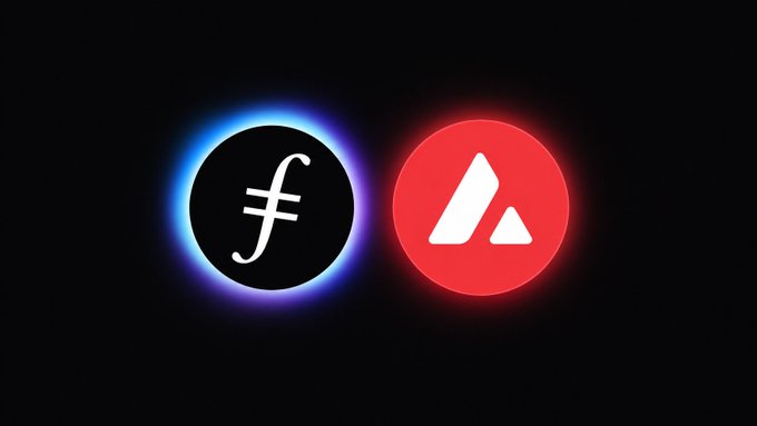 Two glowing circular logos sit side by side on a black background: a black circle outlined in blue featuring the Filecoin "ƒ" symbol, paired with a red Avalanche "A" emblem, visually representing the integration of Filecoin's storage and IPFS fingerprinting with Avalanche's tokenization platform described in the post.