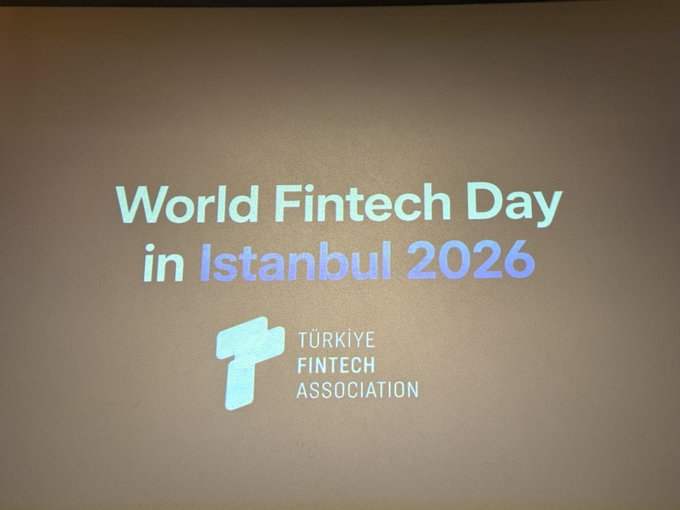 A projected presentation slide displays the text 'World Fintech Day in Istanbul 2026' along with the 'Türkiye Fintech Association' logo.