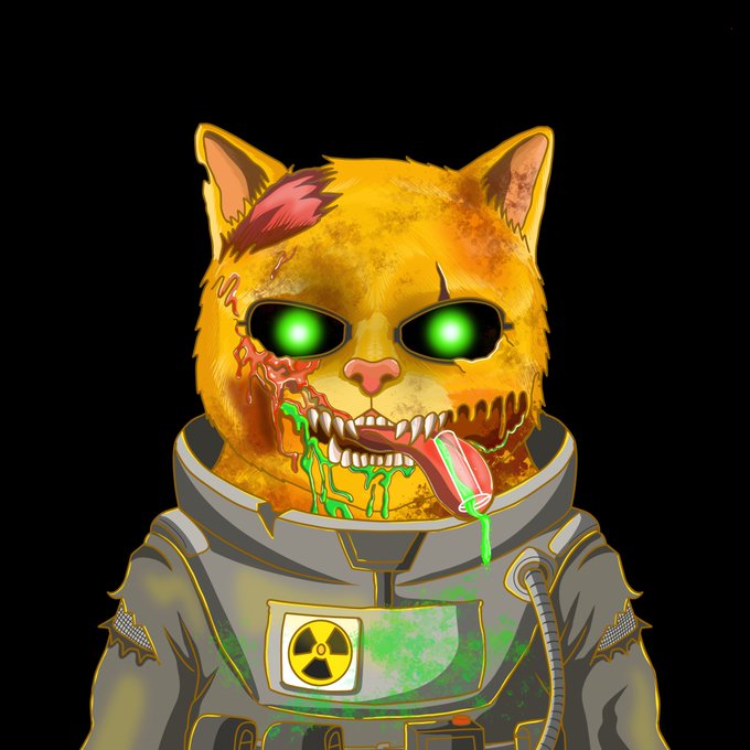 A zombie cat in a hazmat suit with glowing green eyes and a radiation symbol on its chest, serving as a PFP (profile picture) design for an NFT collection. The image features eerie toxic-themed elements like green drool and oozing fluids, fitting the post's announcement of a unique artist collaboration collection with future utilities and holder experiences planned post-mint.
