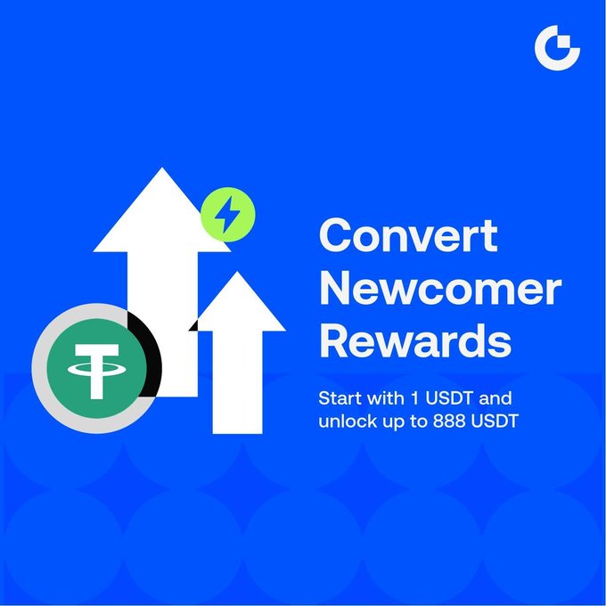 A blue promotional graphic featuring a "G" logo, white upward arrows, and USDT and lightning bolt icons advertises "Convert Newcomer Rewards," inviting new users to start with 1 USDT and unlock up to 888 USDT, matching the post's announcement of first-time Convert trade rewards with a Lucky Mystery Box prize.