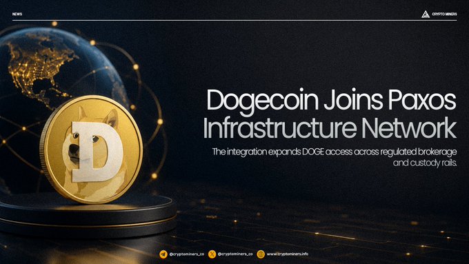 The image features a poster or banner that reads "Dogecoin Joins Paxos Infrastructure Network" with a gold coin symbolizing Dogecoin, surrounded by a globe and lines representing the Paxos network. The text below the image explains that this integration expands Dogecoin access across regulated cryptocurrency exchanges and provides a regulated digital asset platform for Paxos.
