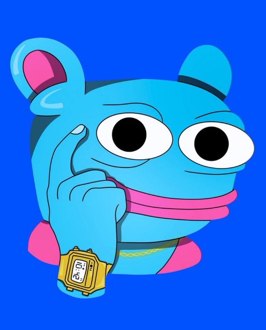 The image shows a blue cartoon frog character with large eyes, holding up two fingers while wearing a yellow digital watch displaying "10:20," set against a solid blue background. The meme's playful pose and the watch's prominent display tie into the post's hype about $BRETT's potential explosive price movement, with the frog character being the iconic mascot of the Brett meme coin on Base.