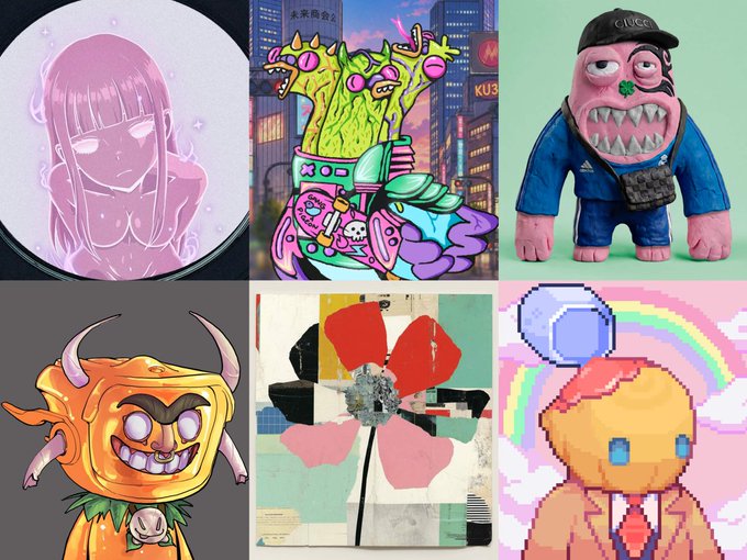 A collage of six colorful digital art illustrations featuring various cartoonish characters and abstract designs in different artistic styles.