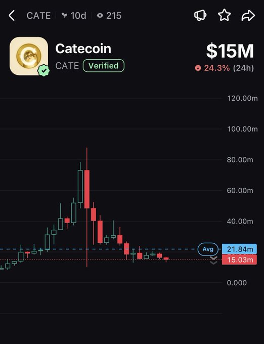 A screenshot from the Pump app showing the price chart for CATE (Catecoin), now marked as "Verified," with a market cap of $15M, down 24.3% over 24 hours, despite an earlier price spike reaching over 80M. The chart illustrates the post's claim that the token has gained verified status on the platform.