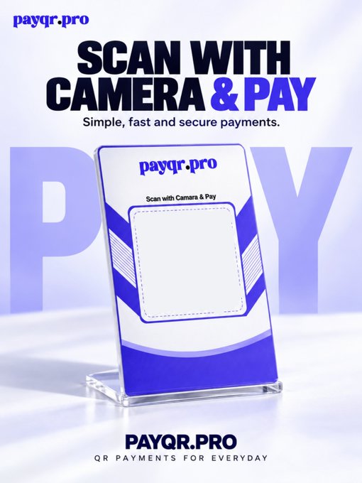 A promotional image for "payqr.pro" displaying the text "SCAN WITH CAMERA & PAY" and "QR PAYMENTS FOR EVERYDAY" alongside a payment stand.