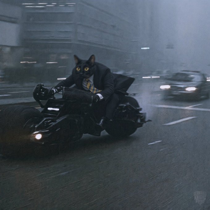 A humorous edited image of a black cat in a business suit and yellow tie riding the Batpod motorcycle in a rainy city street.