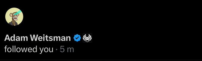 Notification indicating that 'Adam Weitsman' followed the user 5 minutes ago, accompanied by a cartoon avatar.