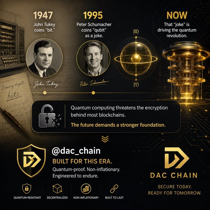 A promotional graphic for @dac_chain traces the evolution of computing from John Tukey's 1947 "bit" to Peter Schumacher's 1995 "qubit" to today's quantum revolution, warning that quantum computing threatens existing blockchain encryption and positioning the brand as a quantum-resistant, non-inflationary solution. A timeline highlights these key figures, a glowing Bloch sphere illustrates the qubit, and a broken padlock symbolizes compromised security, with the tagline "Secure Today. Ready for Tomorrow."