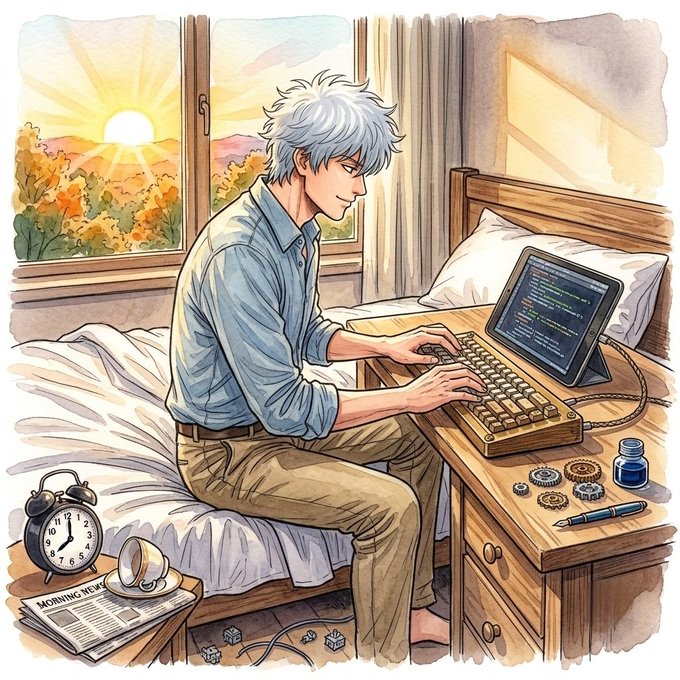A silver-haired man codes on a tablet atop a mechanical keyboard at his wooden nightstand, bathed in sunrise light, with an alarm clock, spilled coffee, and a "MORNING NEWS" newspaper nearby—illustrating dedication and early-rise persistence for fellow "builders."