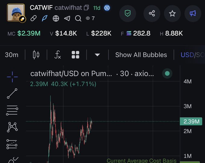 A cryptocurrency price chart for CATWIF (catwifhat) shows a market cap of $2.39M with a current price around the $2.39M level, illustrating the memecoin's recent trading range as the post questions the potential market cap if investing 1k SOL at current levels.