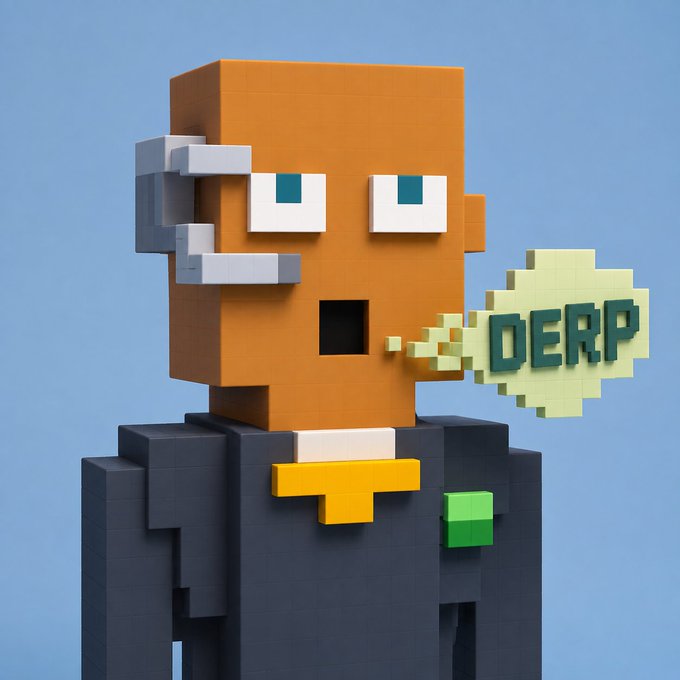 A 3D voxel/Minecraft-style character in a suit with a speech bubble saying 'DERP'.