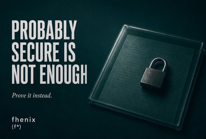A dark promotional graphic shows a padlock inside a clear box with text reading 'PROBABLY SECURE IS NOT ENOUGH', 'Prove it instead.', and the 'fhenix' logo.