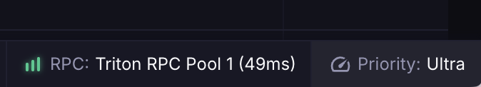 The image shows a UI status bar displaying "RPC: Triton RPC Pool 1 (49ms)" with a green signal indicator alongside a "Priority: Ultra" label. This relates to the post by showcasing the real-time RPC health monitoring feature, highlighting the fast 49ms connection speed and ultra priority setting that benefits traders prioritizing speed and execution.