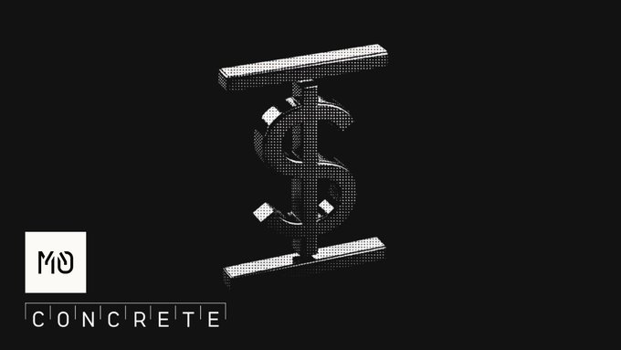 A stylized dollar sign rendered in halftone dot pattern appears at the center of a black background, with the "M0" logo in a white square and "CONCRETE" text displayed in the bottom-left corner. The visual reinforces the announcement of concUSD, a new dollar-denominated stablecoin being launched through the partnership between Concrete and M0.