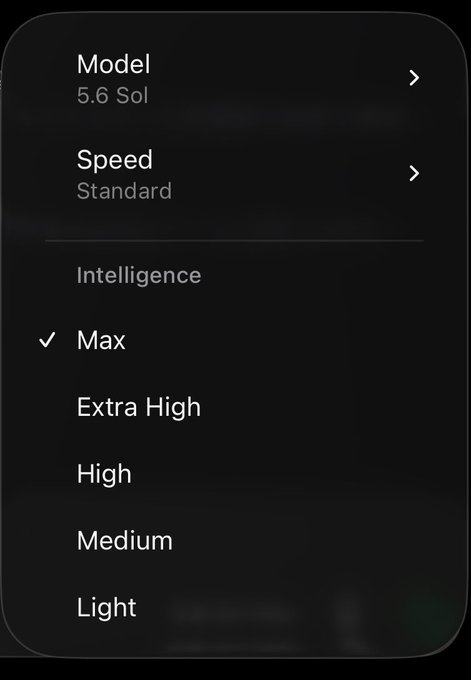 A settings menu screen on a mobile device showing options for Model (5.6 Sol), Speed (Standard), and Intelligence levels, with 'Max' currently selected.