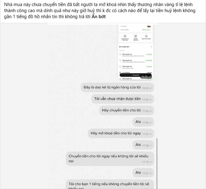 A screenshot of a Vietnamese-language messaging conversation in which a seller repeatedly urges payment of 1,000,000 VND alongside a Binance P2P order showing 16.58 USDT valued at 20,000,000 VND, illustrating a delayed or unfulfilled buyer payment dispute.