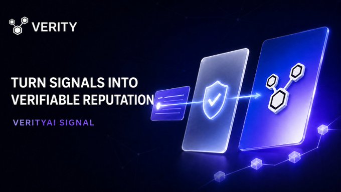 A promotional graphic for VERITY featuring the text 'TURN SIGNALS INTO VERIFIABLE REPUTATION' and 'VERITYAI SIGNAL', with stylized 3D illustrations of a document passing through a security shield and transforming into a blockchain network icon.