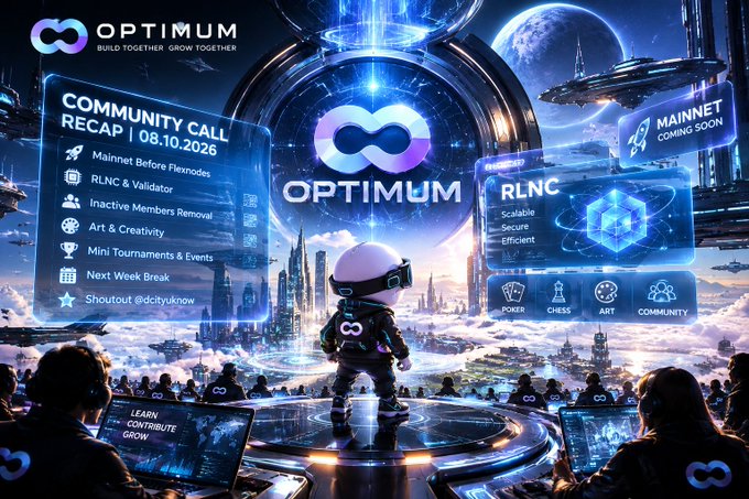 A futuristic sci-fi style graphic for 'OPTIMUM' featuring a community call recap dated 08.10.2026, with topics like Mainnet Before Flownodes, RLNC & Validator, Inactive Members Removal, Art & Creativity, and Mini Tournaments & Events.