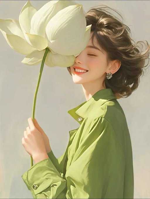 A painted-style portrait of a smiling woman with short curly hair wearing a green button-up shirt, holding a large white lotus flower near her face.