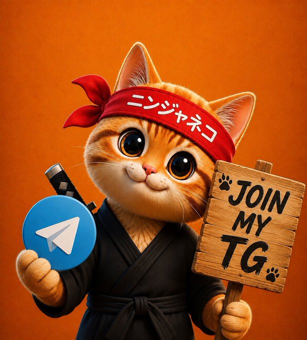 A stylized 3D illustration of an orange tabby cat wearing a black robe and red headband with Japanese text, holding a Telegram logo and a wooden sign reading 'JOIN MY TG'.