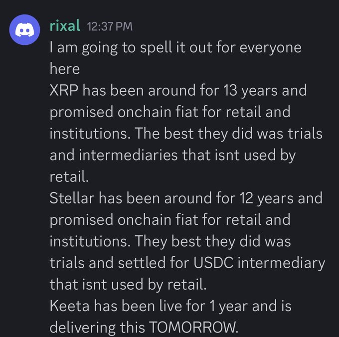 The image shows a message posted on social media, likely from a user named RIXAL. The message discusses the history of Ripple, an electronic payment system that has been around for 13 years and promises onchain fiat for retail and institutions. It highlights that Ripple has been successful in trials and intermediaries that are not used by retail. The post also mentions that the company is delivering this information to its followers today.