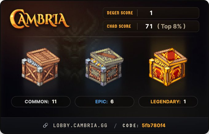 A promotional image for 'CAMBRIA' displaying three treasure chest tiers (Common, Epic, Legendary) with stats showing Degen Score 1, Chad Score 71 (Top 8%), Common 11, Epic 6, Legendary 1, and lobby code '5fb780f4'.